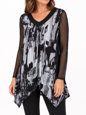 Papa Vancouver Abstract Print Tunic Top Black White Mesh Sleeve Boho Artsy